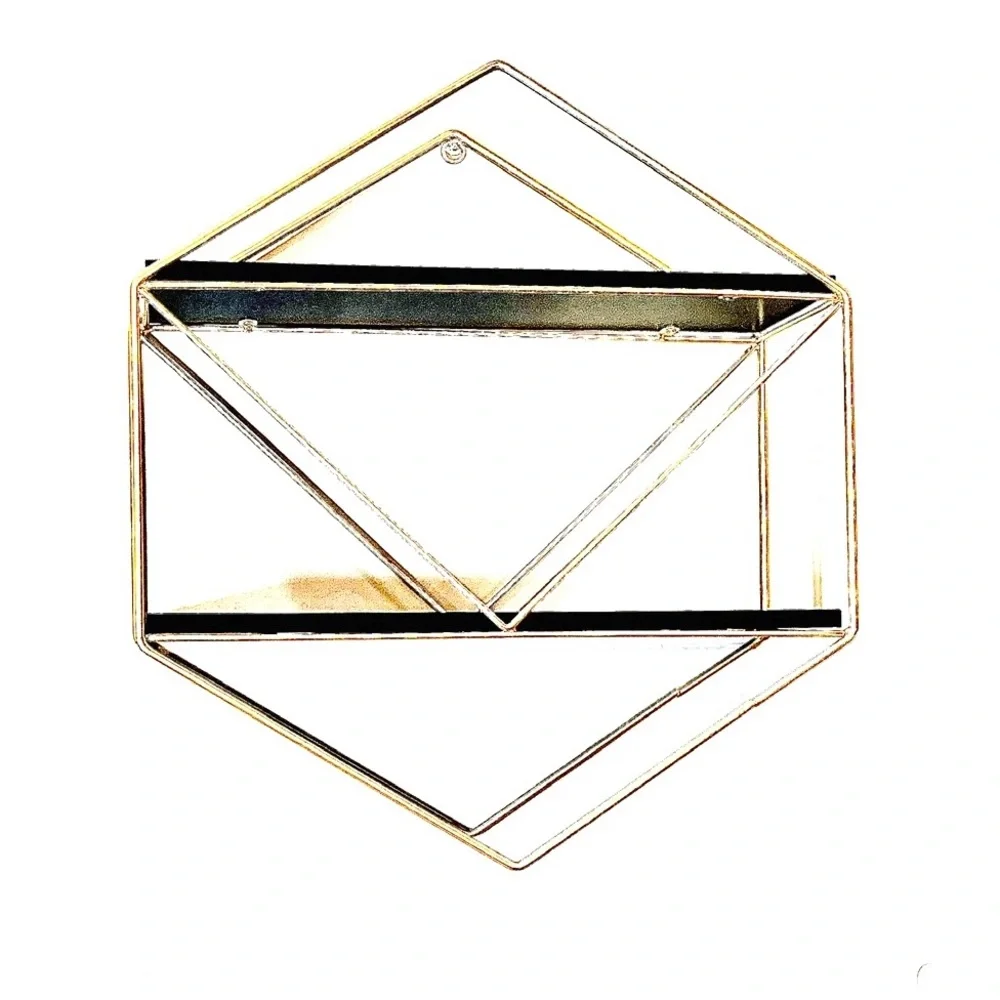 Diamond Hexagon Shaped Brass Floating Wall Shelf